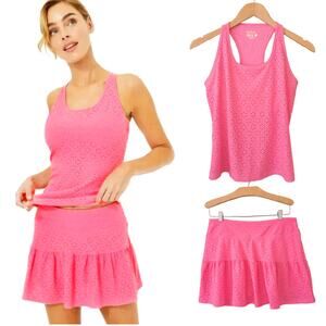 LILLY PULITZER Luxletic Asana Bra Tank & Gardenia Skort Pink Eyelet Tennis Small